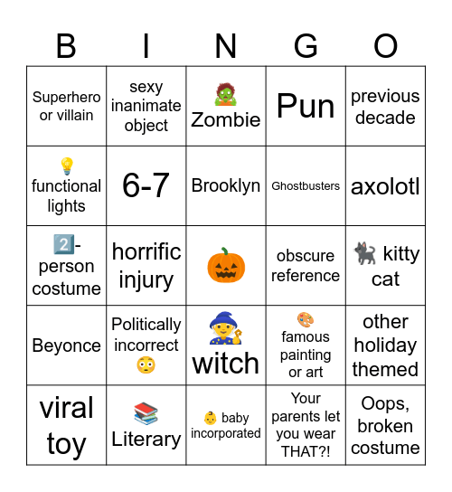 Halloween Costume Bingo Card
