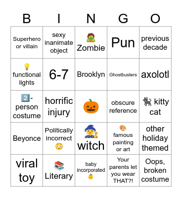 Halloween Costume Bingo Card