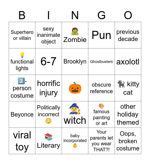 Halloween Costume Bingo Card
