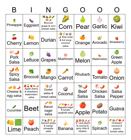 Fruits and vegetables Bingo Card