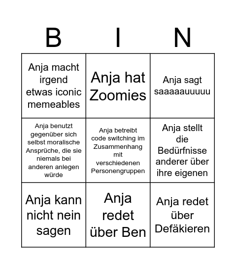 Low Effort Anja Bingo Card