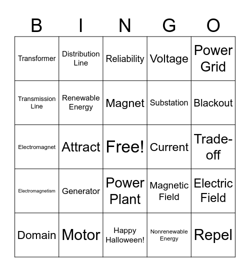 Electromagnetism & Power Grid Bingo Card