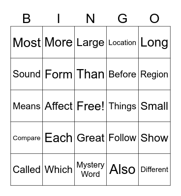 Sight Words Bingo Card
