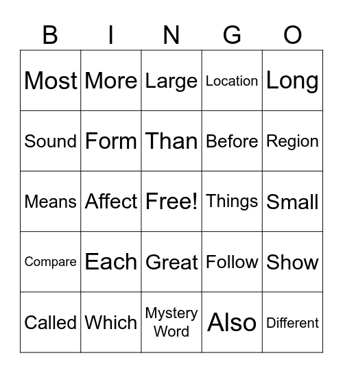 Sight Words Bingo Card
