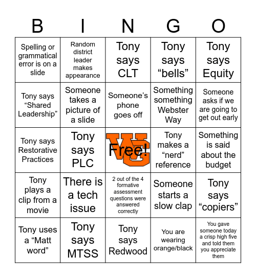 Staff Meeting Bingo Card