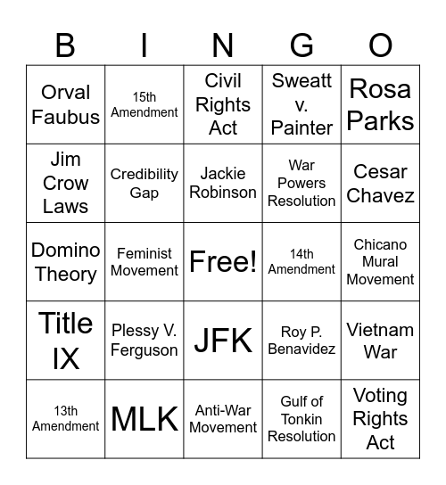 Civil Rights & Vietnam War Bingo Card