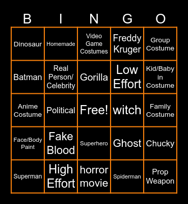 Costume BINGO Card