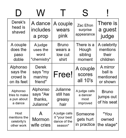 DWTS Bingo Card