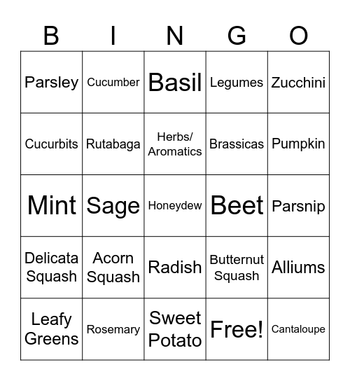 Herbs/Cucurbits/Root Vegetables Bingo Card