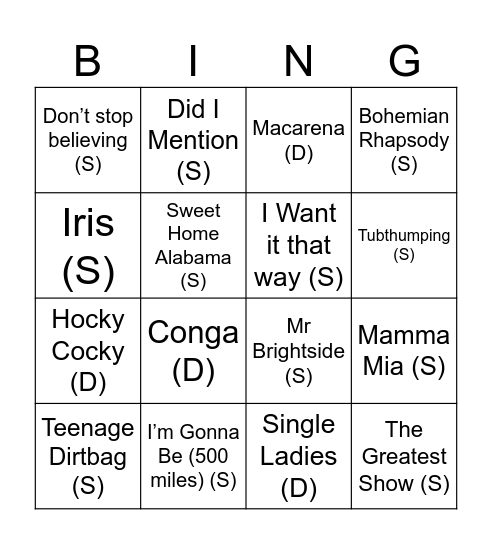 Dance and Sing-a-long Bingo Card