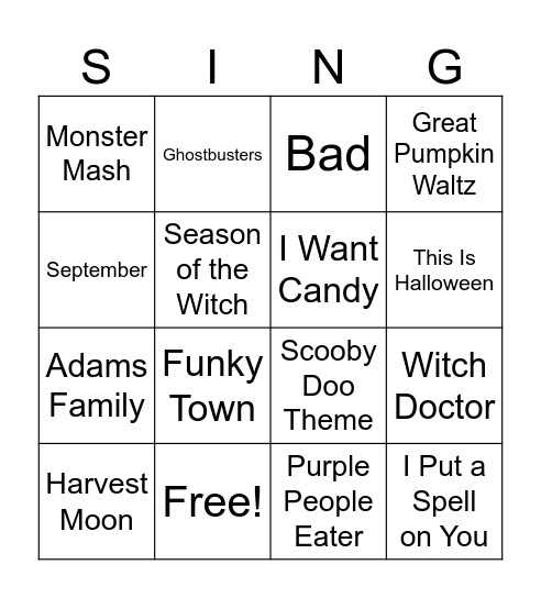 Halloween "Singo" Bingo Card