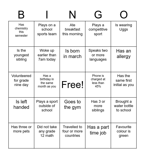 Get to know you Bingo Card
