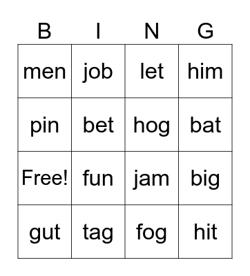 CVC Words Bingo Card