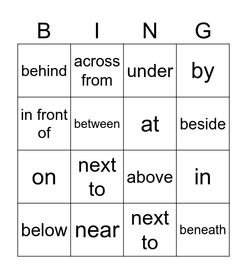 Prepositions Bingo Card