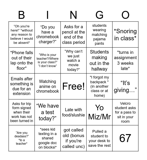 Teacher Bingo Card