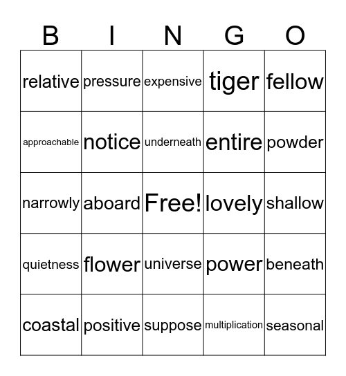 4th Grade Bingo Card