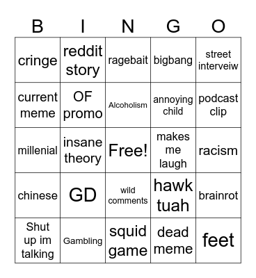 Instagram reels Bingo Card