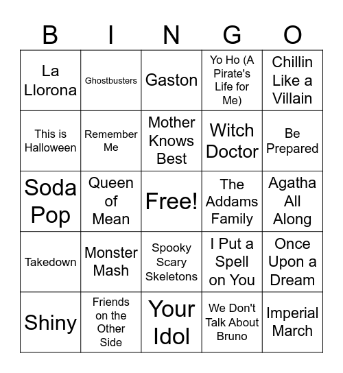 Halloween Songs Bingo Card