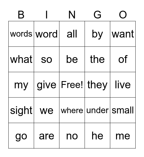 sight words Bingo Card