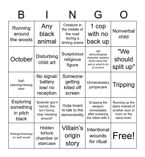 horror movie Bingo Card