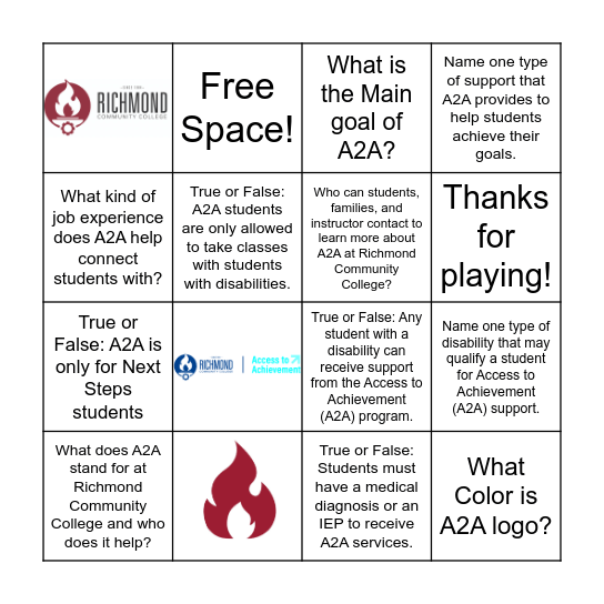 Access To Achievement Bingo Card