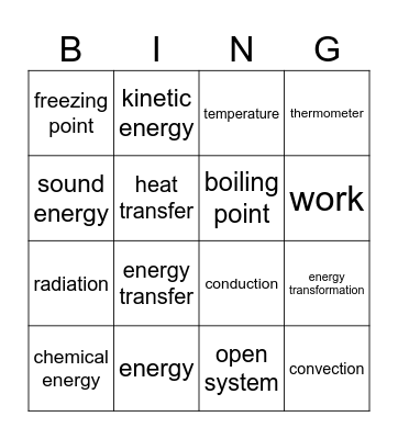 Energy Transfer Bingo Card