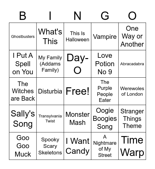 Halloween Music Bingo Card