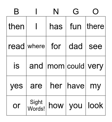 Sight Words Bingo Card