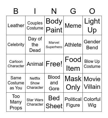 Halloween Costume Bingo Card