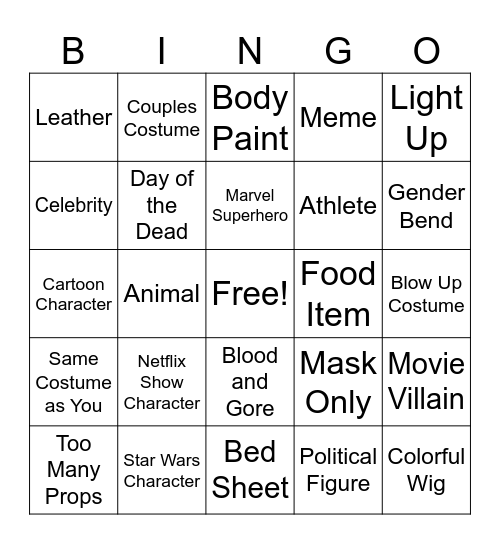 Halloween Costume Bingo Card
