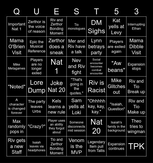 Questicles Session 53 Bingo Card