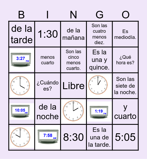 Telling Time in SPANISH Bingo Card