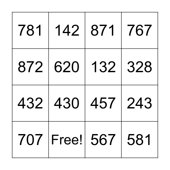 Place Value Bingo Card