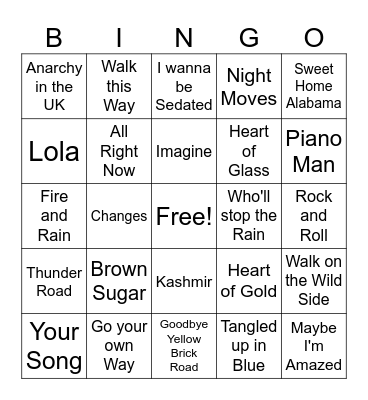 70's Classic Rock game 1 Bingo Card