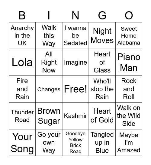 70's Classic Rock game 1 Bingo Card