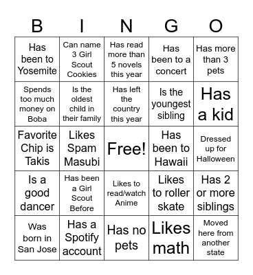 Getting to Know You Bingo Card