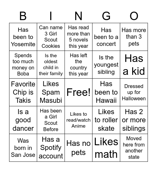 Getting to Know You Bingo Card