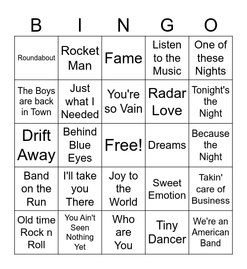 70's Classic Rock game 2 Bingo Card