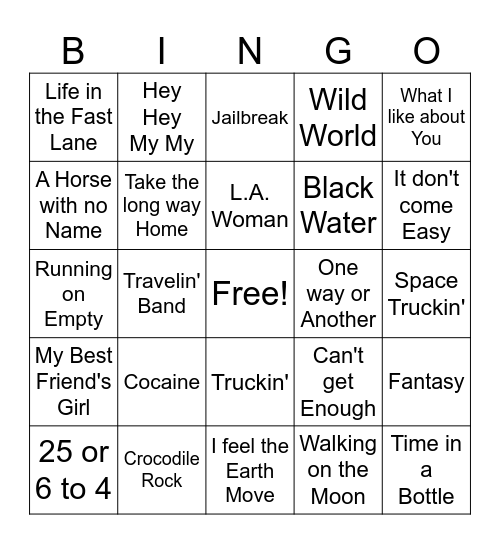 70's Classic Rock game 3 Bingo Card