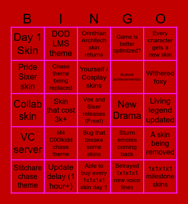 Forsaken Update Bingo Card