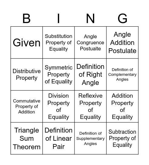 Geometric Two-Column Proof BING! Bingo Card