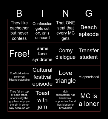 Romance anime bingo Card