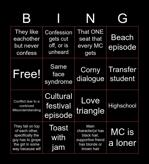 Romance anime bingo Card