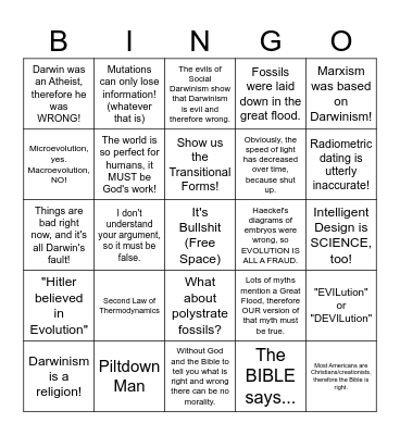Creationist Bingo Card