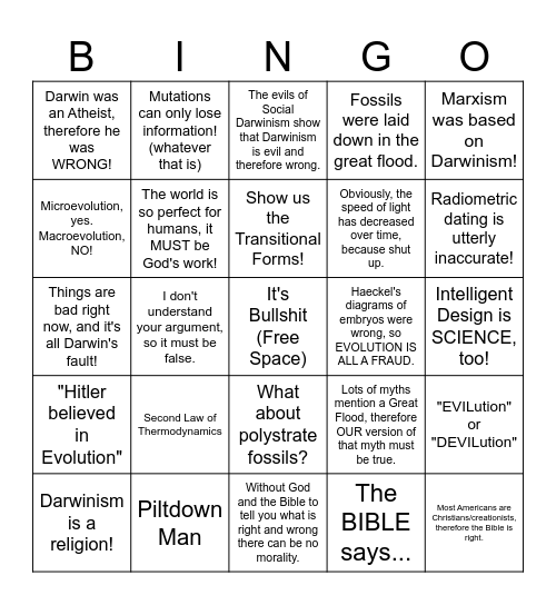 Creationist Bingo Card