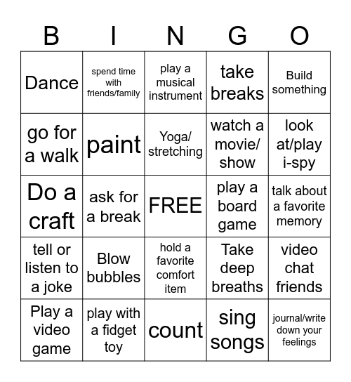 Coping Skills Bingo Card