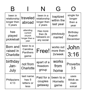 Singles Mix and Mingle Bingo Card