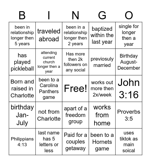 Singles Mix and Mingle Bingo Card
