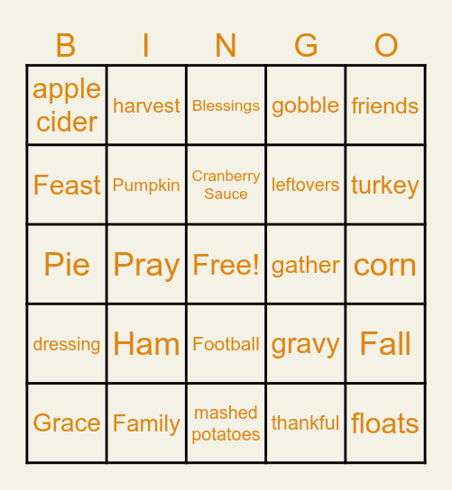 Thanksgiving Bingo Card
