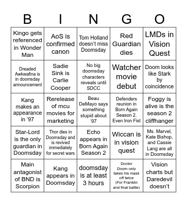 2026 Marvel Bingo Card